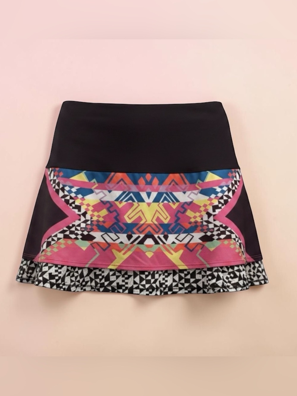 Lucky in Love Black Mini Skirt with Pink and Multicolor Aztec Panel
